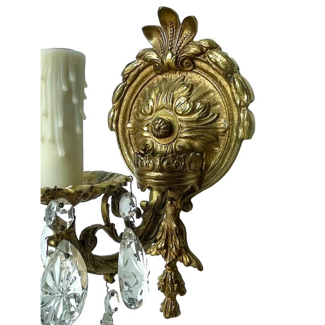 Metal 1950s Spanish Bronze & Crystal Wall Lighting, Vintage Wall Sconce Pair For Sale - Image 7 of 10