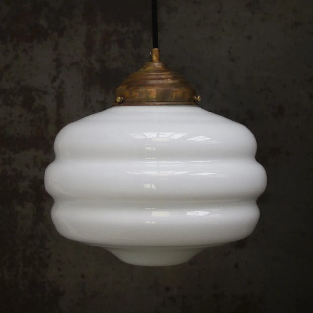 Mid-Century Modern Vintage White Reeded Opaline Glass and Brass Pendant Lamp For Sale - Image 3 of 7