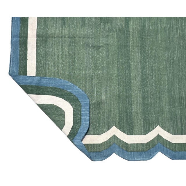 Forest Green Handmade Cotton Flat Weave Area Rug, Forest Green and Teal Blue Scalloped Dhurrie - 10'x14' For Sale - Image 8 of 11
