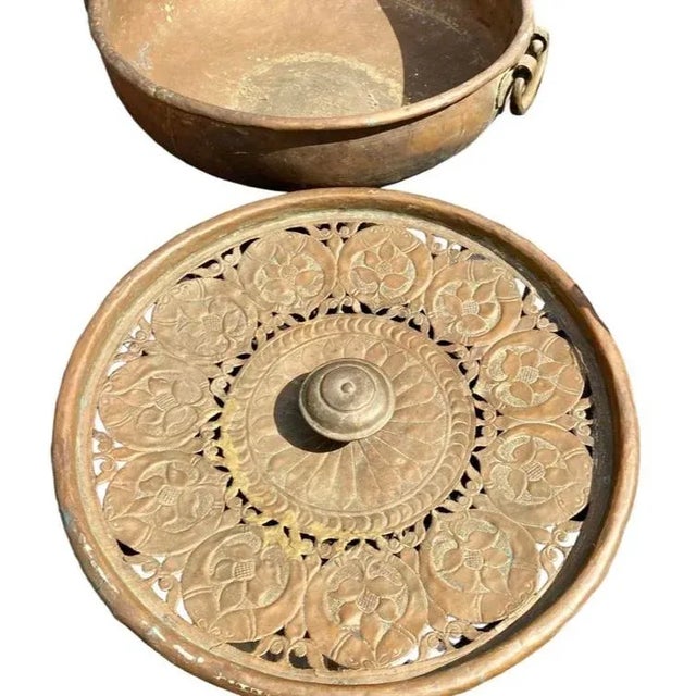 1910s Large Antique Handcrafted Decorative Round Pierced Copper Server With Lid For Sale - Image 5 of 6