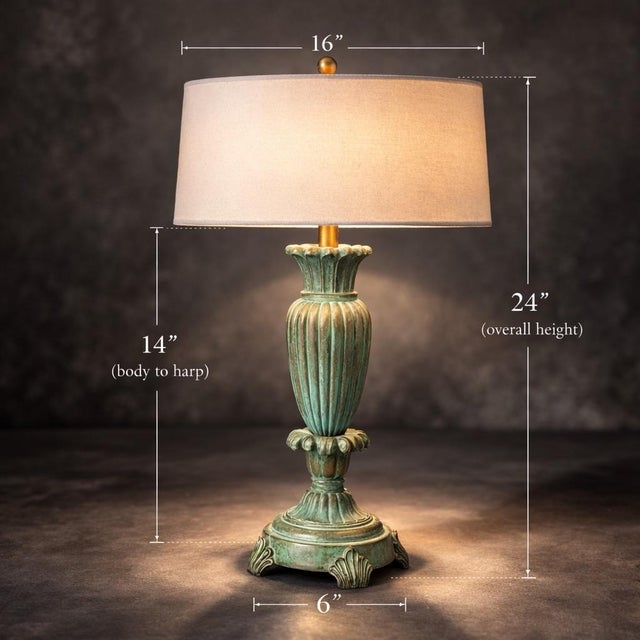 A richly patinated late 20th century urn-form table lamp featuring layered verdigris tones and classical fluted detailing....