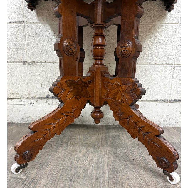 Antique Victorian Eastlake Marble Top Walnut Parlor Table For Sale - Image 9 of 14