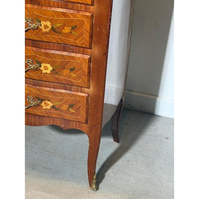 Tall French Louis XV Marquetry Chest of Drawers with Marble Top For Sale - Image 6 of 7