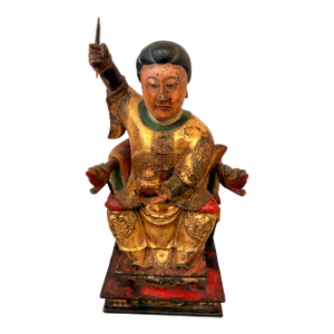Late 19th C. Chinese Giltwood & Lacquer Taoist Deity Statue With Original Spear