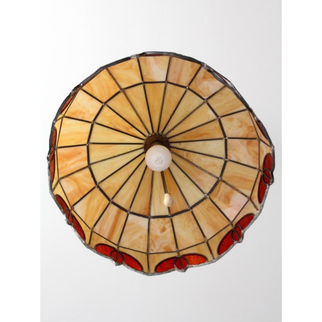 Vintage Tiffany Style Stained Glass Hanging Pendant Light For Sale - Image 9 of 18