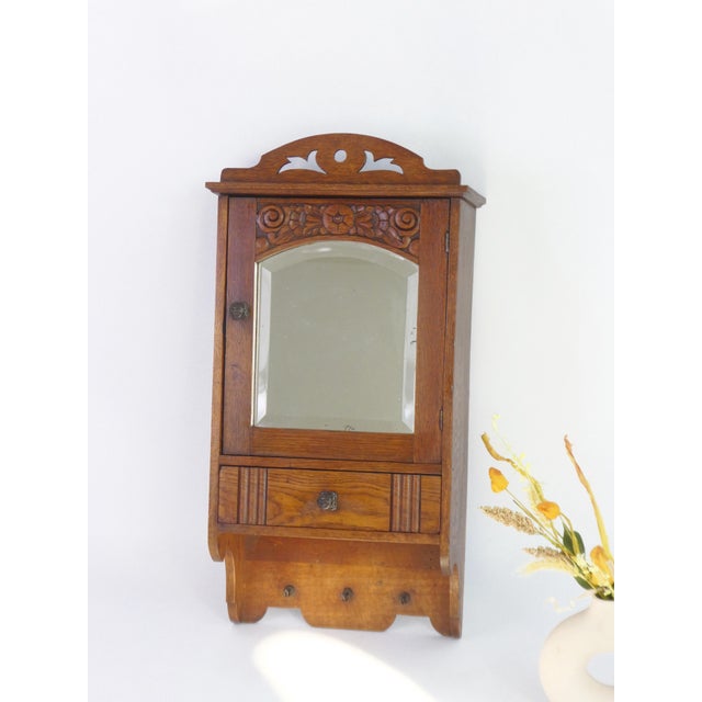 Small Wooden Cabinet with Arch Mirror, Carved Apothecary with Floral Details, Small Chest, Farmhouse Decor, 1940s For Sale - Image 4 of 13