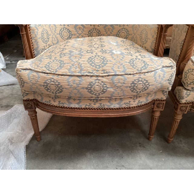 Wood French Louis XVI Blue Bergères Arm Chairs For Sale - Image 7 of 10