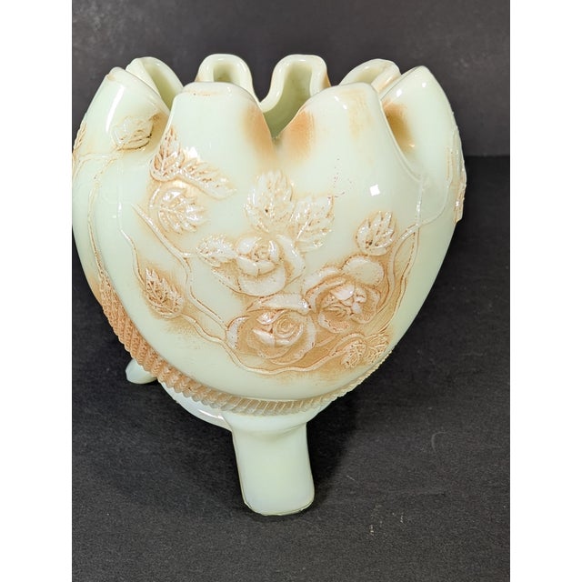 Vanilla Antique Uranium Custard Glass, Northwood Fine Cut Roses Rose Bowl, With Nutmeg Stain, Glows, 1908 For Sale - Image 8 of 11