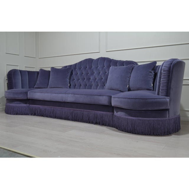 Contemporary Indigo Velvet Tufted Sofa with Fringe by Dorothy Draper For Sale - Image 3 of 7