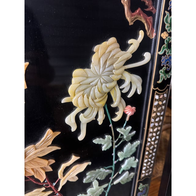 Black Vintage Chinese Five-Panel Black Lacquer Hardstone Inlaid Crane Room Divider Screen For Sale - Image 8 of 12