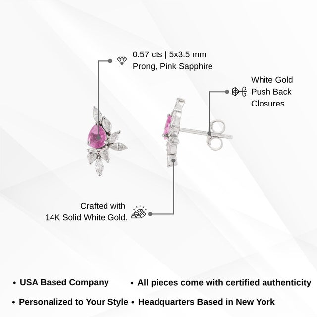 14k Gold Natural Pink Sapphire & Diamond Artistic Cluster Stud Earrings- A Pair For Sale - Image 12 of 14
