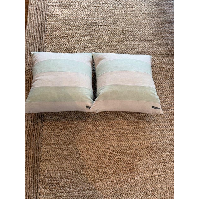 Slubby striped linen pillows in a mint green and cream color way. Great condition! 22” x 22”