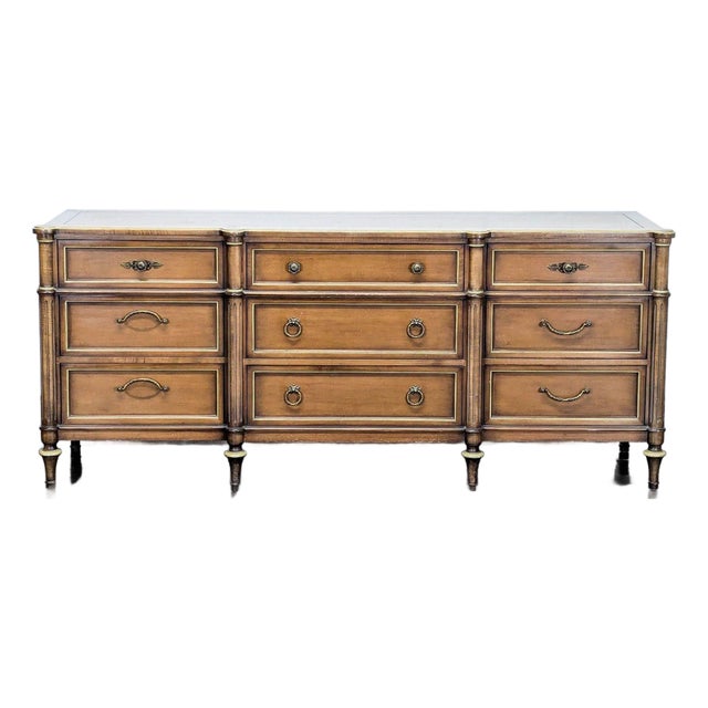Vintage Dixon-Powdermaker Vintage 9-Drawer Wood Dresser With Brass Accents For Sale