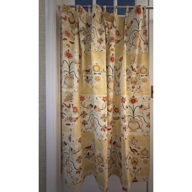 Beautiful vintage embroidered crewel-look curtain panel in a warm ivory ground with richly stitched florals, birds, sun...