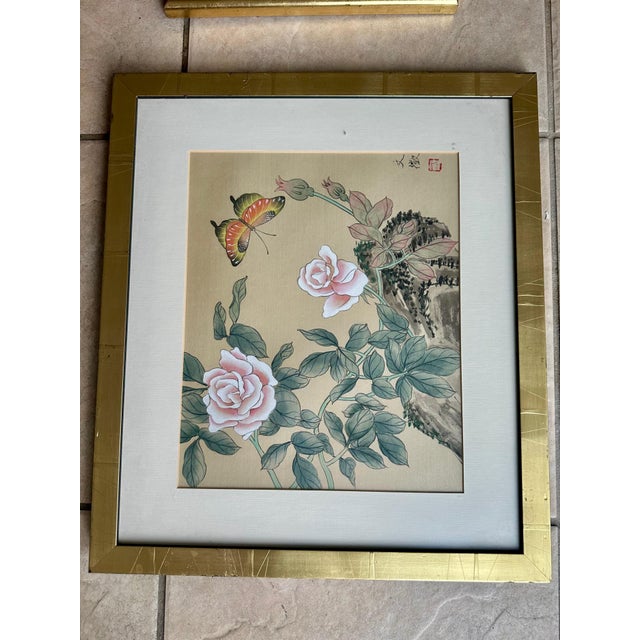 Paint Collection Four Asian Japanese Silk Watercolor Framed Paintings For Sale - Image 7 of 18
