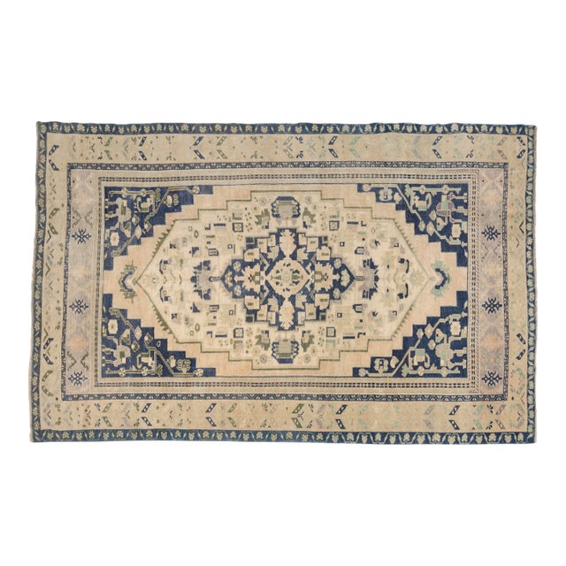 Mid 20th Century Anatolian Medallion Rug in Indigo, Cream & Muted Green For Sale