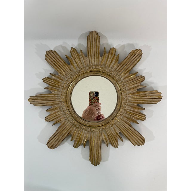 Wood Vintage Mid Century 16.5" Creamy Giltwood Sunburst Wall Mirror For Sale - Image 7 of 18