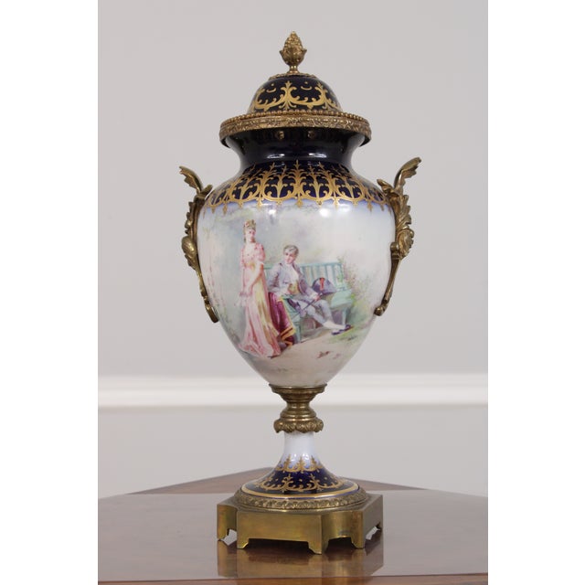 Traditional Pair of 1950s Sevres Cobalt Blue Porcelain Painted Urns W. Lids For Sale - Image 3 of 18