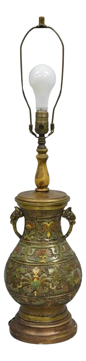 Vintage Chinese Porcelain Enamel Bronze Lacquered Cloisonne Champleve Table Lamp