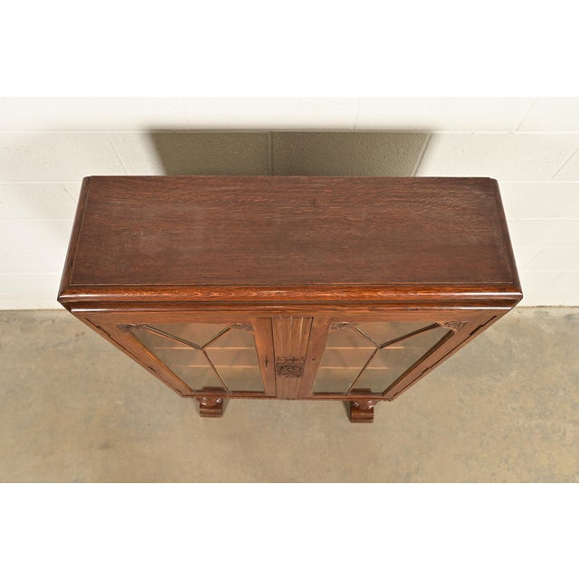 Antique English Art Deco Carved Oak Bookcase or Display Cabinet, Circa 1930s For Sale - Image 10 of 13