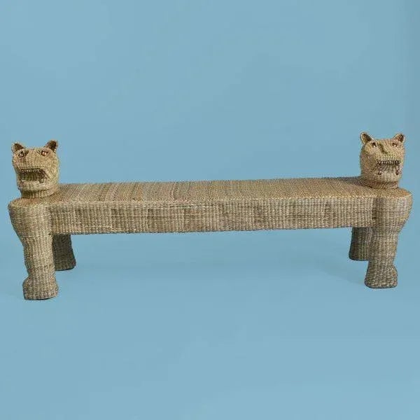 Large Jaguar Bench by Mario Lopez Torres. There are minor imperfections to the hand-made woven rattan. Signed Mario Lopez...