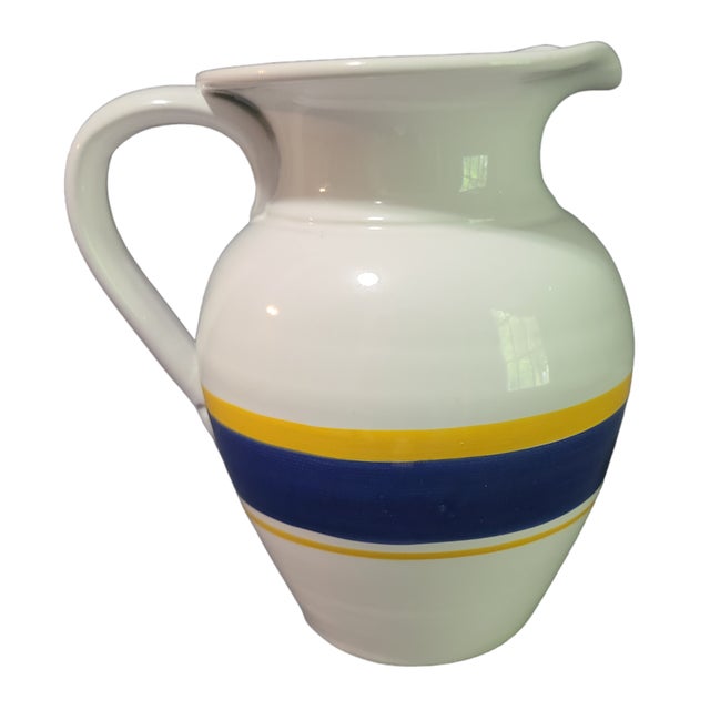 Ceramic Vintage Made in Italy White Pottery Blue & Yellow Stripes Wine Water Pitcher For Sale - Image 7 of 7