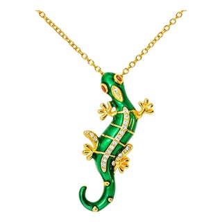 Late 20th Century 14K Yellow Gold Enamel Lizard Pendant Estate by EFFY For Sale