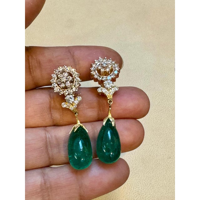 Green GIA Certified 28 Ct Emerald Cabochon & Diamond Drops Hanging Earrings 14 KYG For Sale - Image 8 of 18