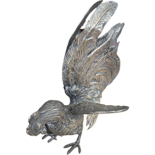 Farmhouse Vintage Solid Brass Fighting Rooster Sculpture With Dramatic Tail For Sale - Image 3 of 12
