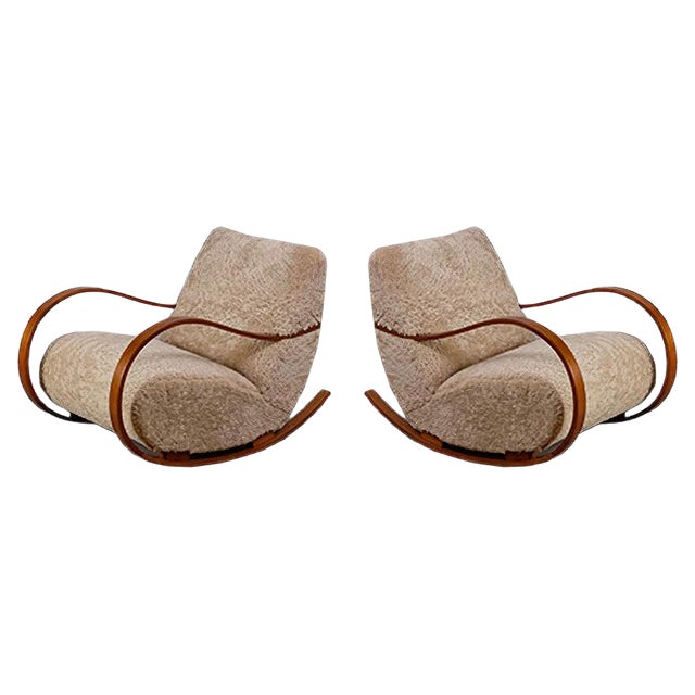 Set of Swedish Sheepskin Rocking Chairs, 1950s For Sale