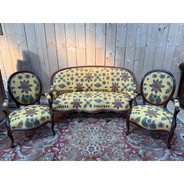 Green Louis-Philippe Living Room Sofa and Armchairs in Rosewood and Floral Fabric, Set of 3 For Sale - Image 8 of 8