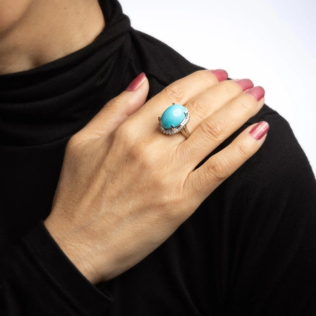 Mid 20th Century Egg Shell Blue Turquoise Diamond Ring Platinum Estate Large Cocktail Jewelry size 6 For Sale In Los Angeles - Image 6 of 7
