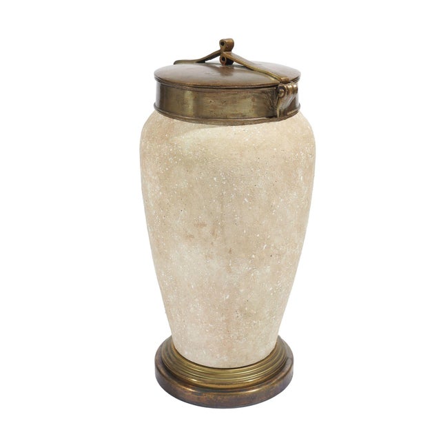 Tan Tall Ceramic Urn With Oxidized Brass Lid and Base, C. 1900's For Sale - Image 8 of 12