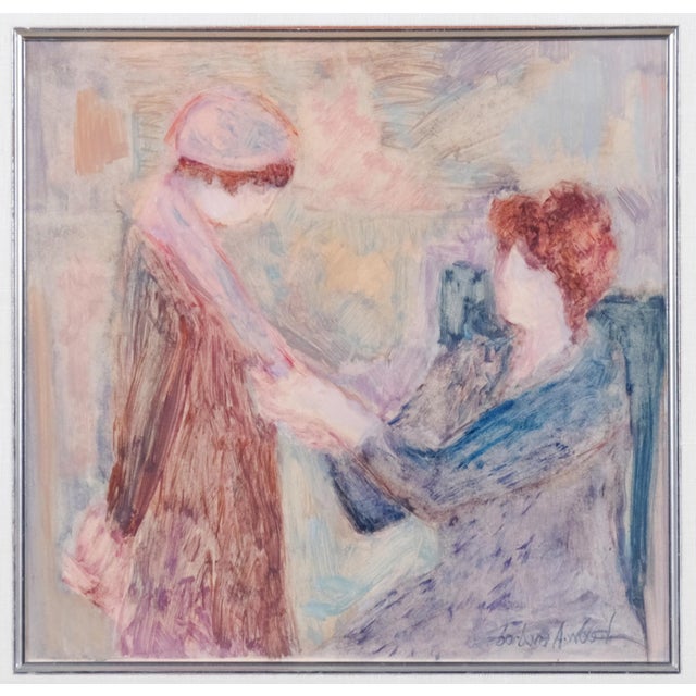 Excellent Condition Barbara A. Wood "Mother and Child" Unique One of a Kind Original Gouache Painting Under Plexiglass...