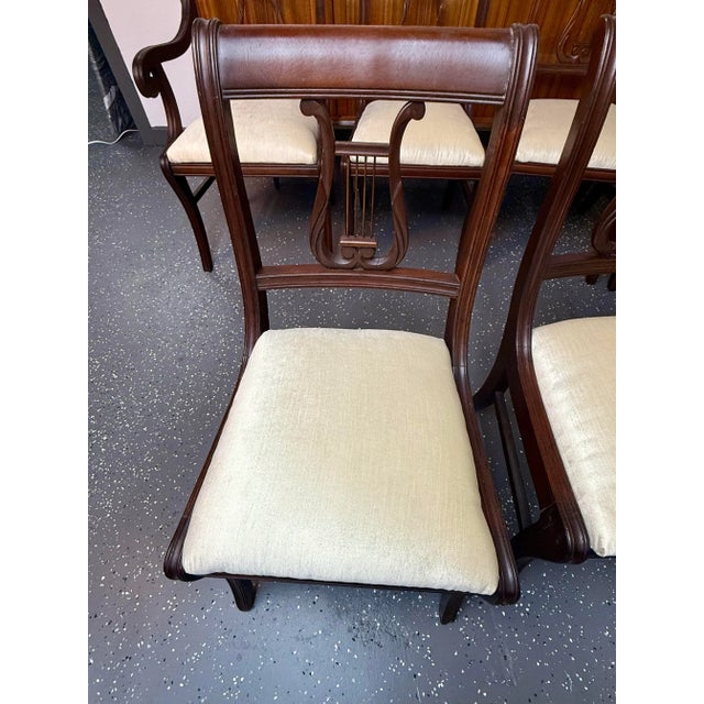 1940's Reupholstered Mahogany Kilsmos Lyre Back Dining Chairs (6) For Sale - Image 11 of 11