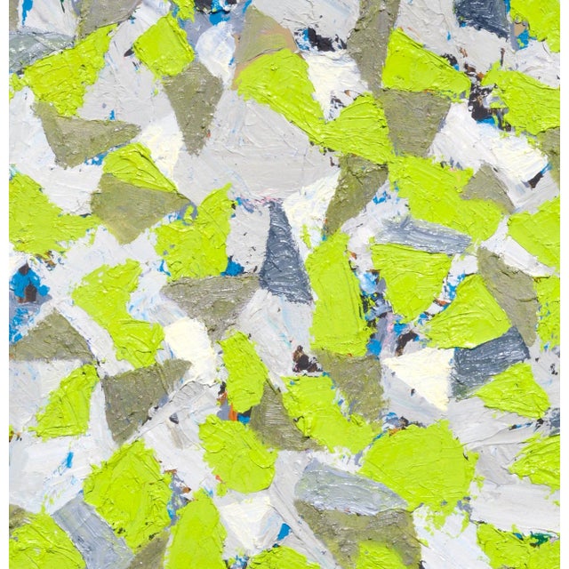 Green & Grey Abstract Geometric Composition in Oil on Canvas Vivid abstract with green and grey patterned triangular...
