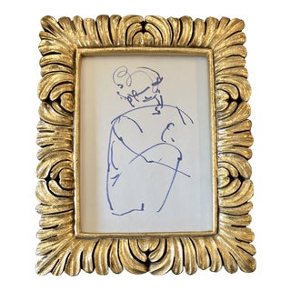 1970’s Original Matisse Style Female Figure Blue Marker Drawing Ornate Tabletop Frame For Sale