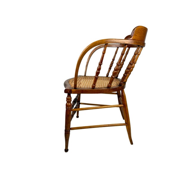 Victorian Late 19th Century Victorian Oak Barrel Back Armchair With Cane Seat For Sale - Image 3 of 8
