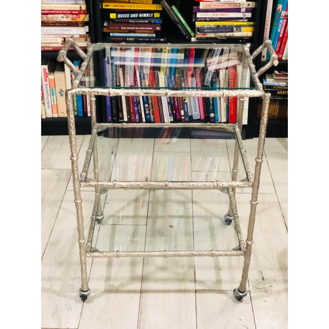 Metal Faux Bamboo Silver Bar Cart in the Style of Maison Bagués For Sale - Image 7 of 9