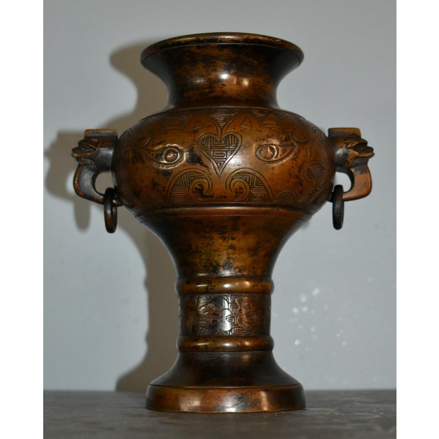 Antique Japanese Bronze Vase W/Figural Handles and Scrolling Details For Sale - Image 9 of 12