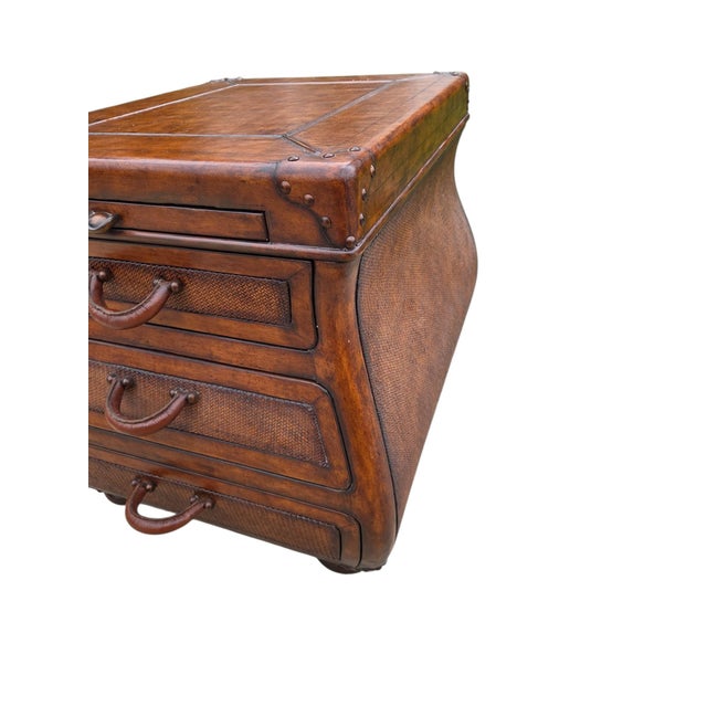 1990s Thomasville Leather Wrapped Rattan Side End Table Trunk East Indies W/ Storage For Sale - Image 11 of 12