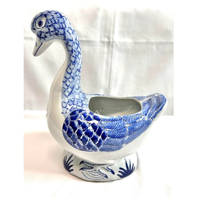 Chinoiserie Blue & White Ceramic Duck Planter – Chinoiserie Cachepot, Vintage Bird Vessel, Statement Decor For Sale - Image 3 of 9