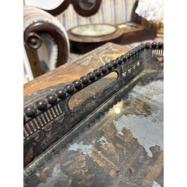 Antique Painted Tole Tray With Pierced Beaded Gallery and Chinoiserie Border For Sale - Image 6 of 6