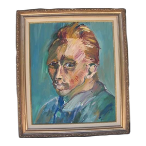 Mid 20th Century Vintage Abstract Acrylic Painting Reproduction of Impressionist Vincent Van Gogh Self-Portrait, Framed