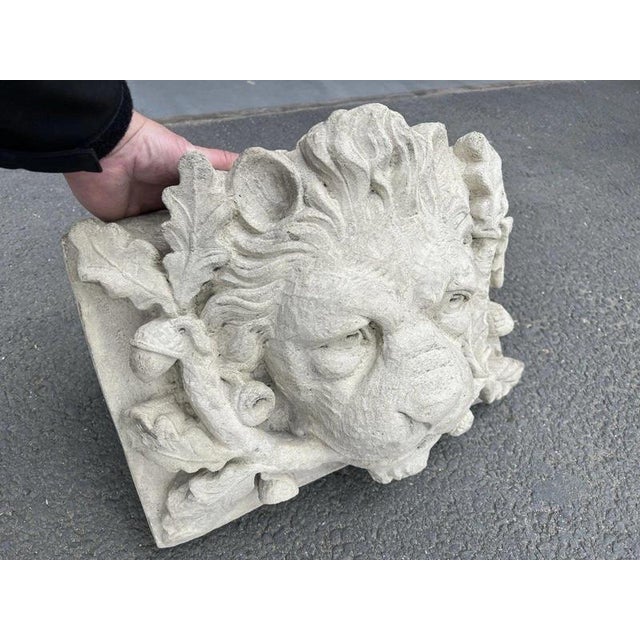Gray Cast Stone Lion Head Fountain Mask with Oak Leaves and Acorns For Sale - Image 8 of 16