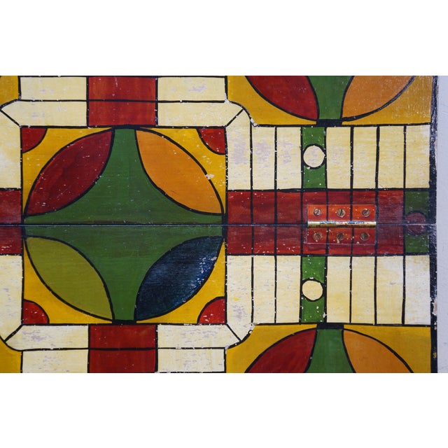 Yellow Antique Folk Art Double Sided Folding Parcheesi Chess Checkers Game Board 18" For Sale - Image 8 of 12