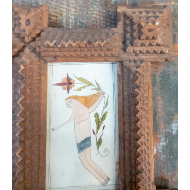 Early 20th Century Folk Art Tramp Art Double Picture Frame With Watercolors For Sale In New York - Image 6 of 15