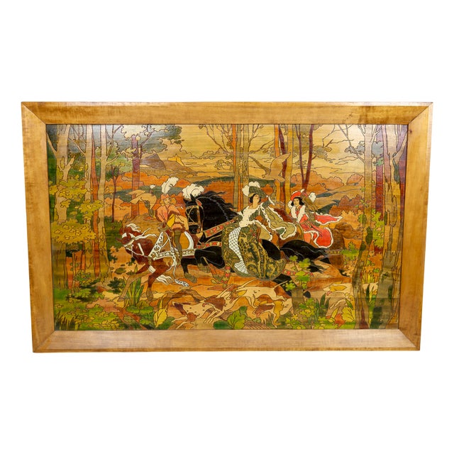 French Artist, Medieval Hunting Scene, 1900, Pyrograph For Sale