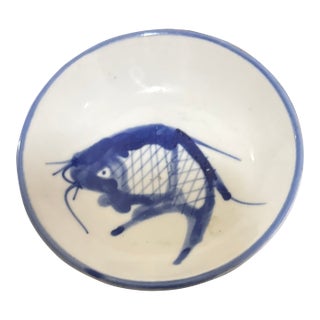 Vintage Hand-Painted Blue & White Porcelain Koi Carp Fish Sauce Dish For Sale