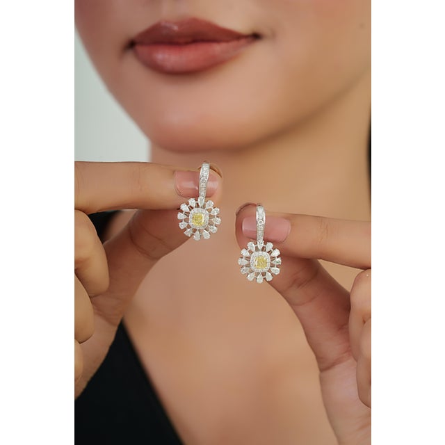 Vintage Style 2.29 Ct Fancy Yellow Diamond Floral Cluster Drop Earrings 18k Gold- A Pair For Sale - Image 9 of 14
